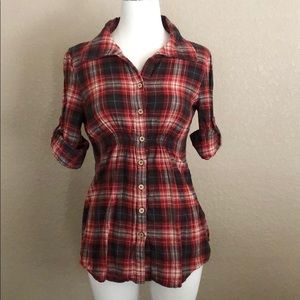 Red Plaid 3/4 Length Button Down Shirt